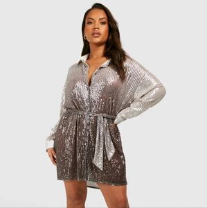 Brand New Size 22 Boohoo Silver Sequin Ombre Mini Shirt Oversized Dress And Belt